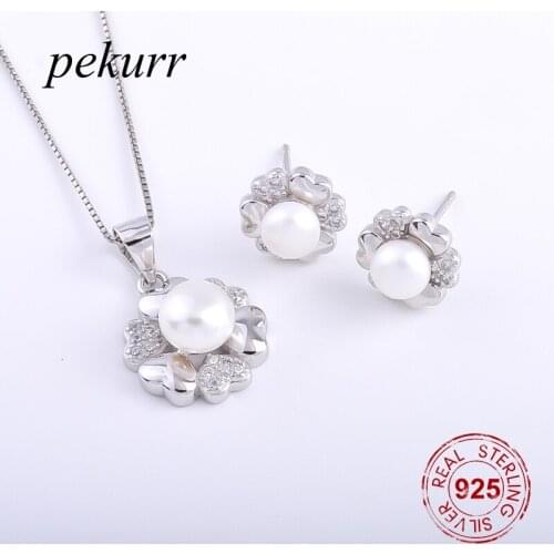 Pekurr 925 Sterling Silver Six Heart Around Freshwater Natural Pearl Earrings Necklace Sets For Women Zircon Pendant Jewelry Set