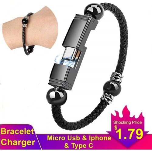 Leather Portable Micro USB Bracelet Phone Charger Type C Charging Data Sync Carregador Portatil For Samsung S20 S10 Iphone 11