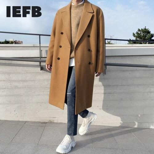 IEFB Mens Autumn Winter Woolen Coat Korean Fashion Warm Windbreaker Tweed Korean Style Single-breasted Casual Long Coat 9Y8463