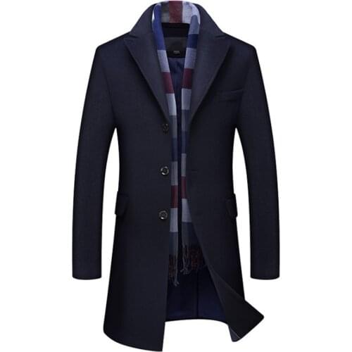Winter Wool Jacket Men British Style Trench Coat Male Casual Long Woolen Outwear High quality Wool Blend Jacket No Scarf