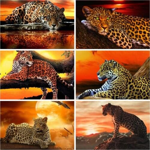 HUACAN Diamond Painting Kit Sunset Leopard Diamond Embroidery Sale Animal Pictures Of Rhinestones Full Mosaic Craft Kit