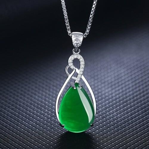 Natural Green Chalcedony Jasper Hand Carved Drop Pendant Fashion Jewelry Womens 925 Silver Inlaid Necklace Gift Accessories