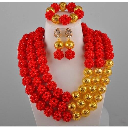 Opaque Red Nigerian Wedding African Beads Jewelry Set Crystal Ball Beaded Necklaces Bridal Jewelry Sets