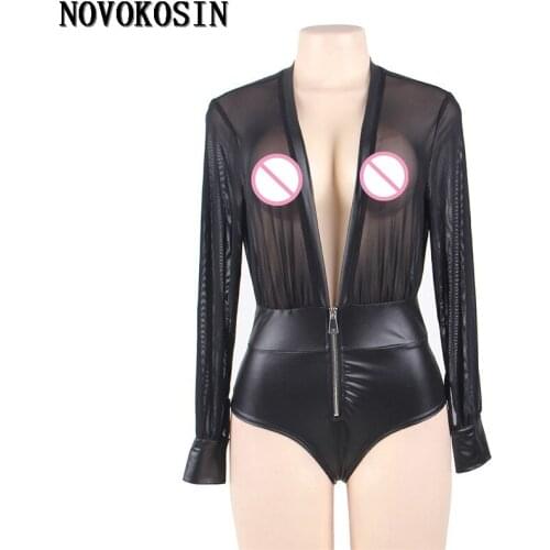 OY108 M-5XL 2018 Plus Size Sexy Bodysuit Front Zipper Club Wear Top Organza Patchwork Faux Erotic Leather Panties Long Sleeves