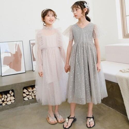 2021 New Spring Summer Big Girl Dress Kids Baby Teenager Girls Casual Clothes Long Childrens Dresses V Neck White Pink Grey