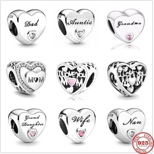 Hearth shape 925 Sterling silver metal beads Dad mom aunt wife Nan granddaughter ma charms fit pandora Charm Bracelet Jewelry
