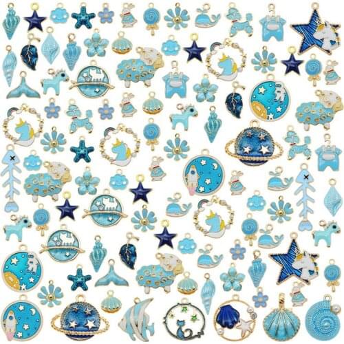 10pcs Mixed Blue Charms Jewelry Enamel Animal Fruit Flowers Plant Heart Pendant Earrings Accessories Necklace Bracelet Ankle