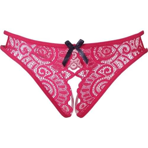 Sexy Women Underwear Seamless Lace Panties Open Crotch Thong RoseRed Embroidery Floral Bow Transparent hot erotic sex Knickers