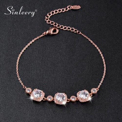 SINLEERY Dazzling Cube Shape Charm Bracelet Rose Gold Silver Color Chain Inlay Tiny Crystal Bracelet For Women Jewelry SL451 SSO