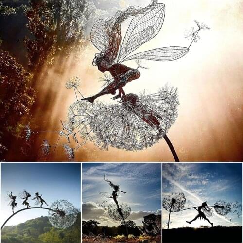 2d Garden Fairy Decoration Stake Fairy Playing On/with The Dandelion Metal Art Elf Silhouette Ornament For Outdoor Jardim