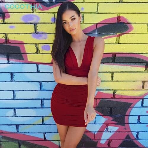 COCOTHIA Sexy Draped Deep V Neck Backless Bandage Ruched Bodycon Mini Dress Ladys Club Party Casual Slim Summer Vestidos