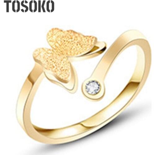 TOSOKO Stainless Steel Jewelry Frosted Butterfly With Zircon Opening Ring Elegant Womens Ring BSA020