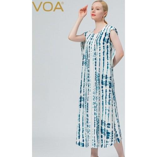 VOA Silk 30m/m Printed Heavy Crepe Blue Mottled Round Neck Short Sleeve Bump Splicing Loose European Dress AE939