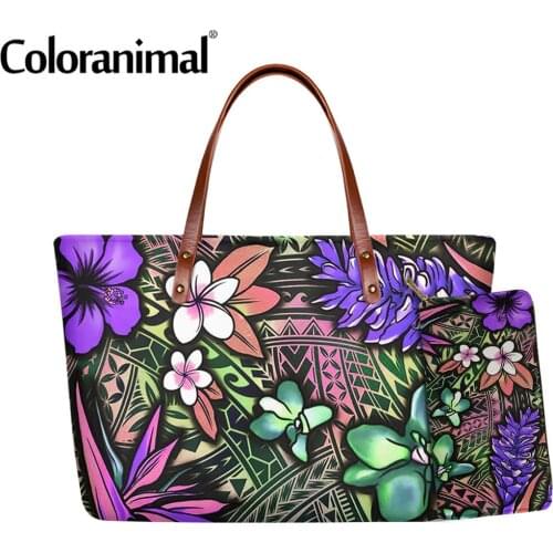 Coloranimal Tropical Plumeria Hibiscus Teuila Birds of Paradise Orchid Print Lady Shoulder Bag Women 2Pcs/Set Tote Handbag 2020