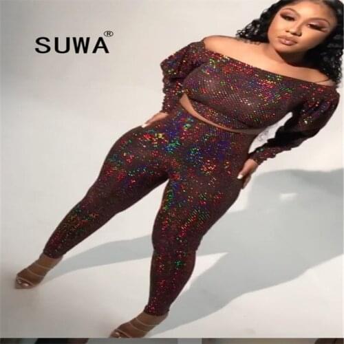 Colorful Sequins Printed Sexy Club Two Piece Outfits For Women Matching Sets Long Sleeve Crop Top Tunic High Waist Pencil Pants