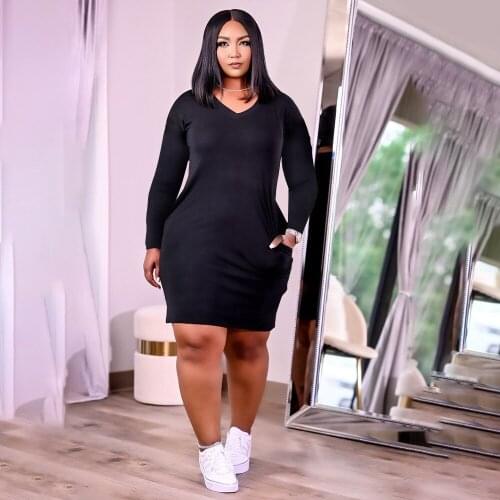 ZJFZML ZZ Women Clothing Plus Size Dress Casual Simple Solid Deep V Neck Long Sleeve Side Pocket Dress Dropshipping Wholesale