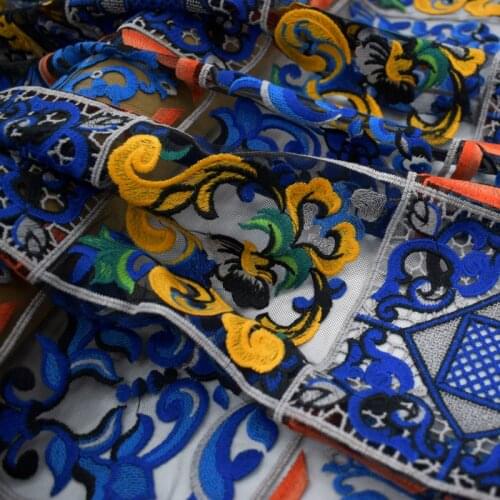 2021 Black Bottom Mesh Blue And White Porcelain Embroidery Lace Fabric For Dress Bazin Riche Vestidos Telas Por Metro Tissu DIY