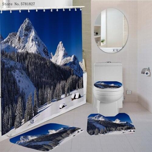 3/4 Pieces Carpet Cover Toilet Cover Bath Mat Pad Set Bathroom Curtain Snow Mountain Print Shower Curtain Home Decor With Hook