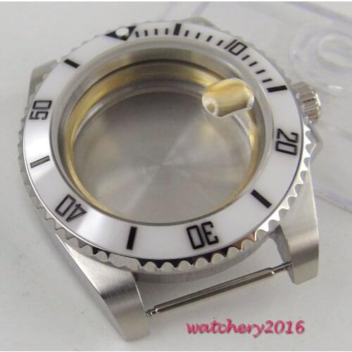 40mm Sapphire Glass Date Window White Ceramic Bezel Luminous Marks stainless steel Watch Case fit 8215 2836 Movement