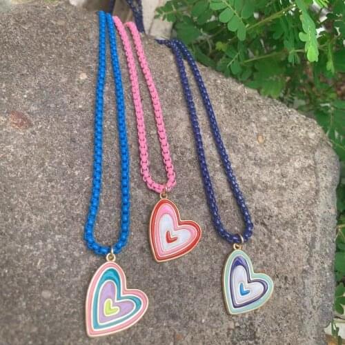 5PCS, Colorful Enamel Heart Pendant Necklace Woman Couple Jewelry Love Hearted Choker Necklace Box Chain Valentines Gifts