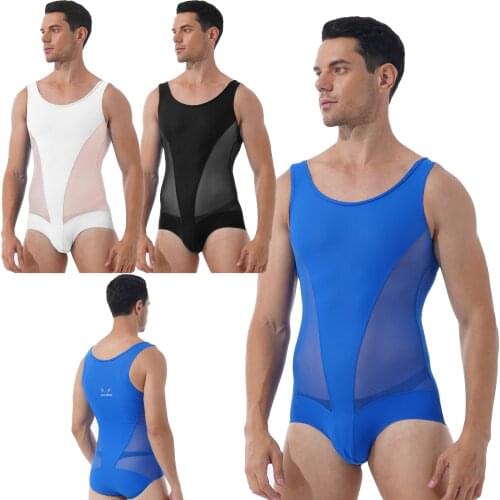 Breathable Sport Bodysuit Sleepwear Summer Casual Sheer Mesh Patchwork Wrestling Sleeveless Bulge Pouch Leatord Swimsuit for Men