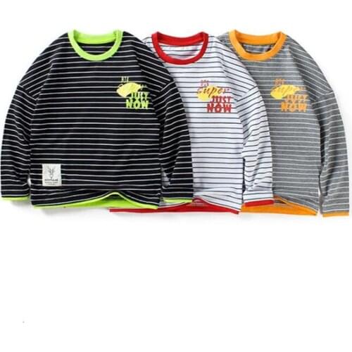 Spring Autumn Boys' Long-Sleeved Stripe Bottoming T-Shirt 2021 New Youth Kid Fashion Cotton Letter Printing Tops For 5-14 Years