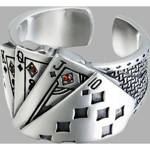 Playing Card Chunky Cubic Zirconia Engraved Adjustable 925 Sterling Silver Ring For Men Vintage Wholesale Jewelry