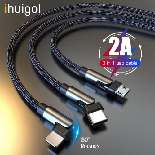 Ihuigol 3 in 1 USB Cable 1.2m Elbow Micro USB C Fast Charging For iPhone 12 11 X 8 Type C Cable For Samsung Xiaomi Lighting Cord
