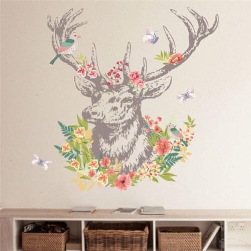 Creative Elk Head Flowers Wall Stickers Living Room Bedroom Decoration Animal Mural Ar Diy Scenery Home Decals