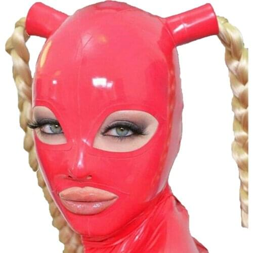 Latex Hood with Blond Ponytail Wigs Pigtail Beautiful Girl Headgear Rubber Mask Halloween Costumes for Women