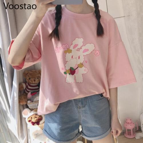 Summer Japanese Women Cute Lolita Style Pink T-Shirts Kawaii Bunny Pattern Short Sleeve Tops Girl Sweet Rabbit Loose Tee Tshirt