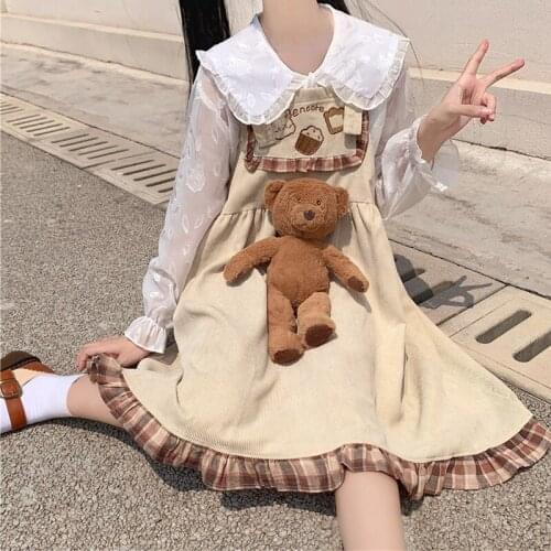Kawaii Lolita Style Strap Dress Women Autumn Japanese College Style Cute Cartoon Embroidery Plaid Ruffled Sleeveless Dress
