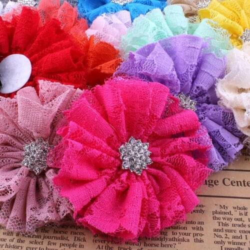 120pcs/lot)2.8" 15Colors NEW ARRIVAL Handmade Tulle Frayed Fluffy Fabric Hair Flower Accessory+Sparkle Alloy Rhinestone Button