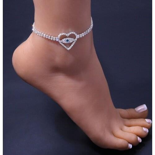 Sexy Double Row Rhinestone Love Lady Anklet Jewelry Fashion Summer Beach Personality Devils Eye Foot Jewelry Foot Accessories