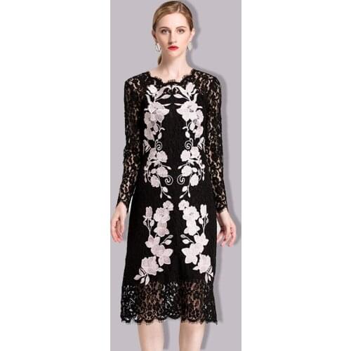 Wholesale High Quality Sheath Summer Dress Runway New Fashion Elegant Flower Embroidery Hollow Out Black Midi Bodycon Dress