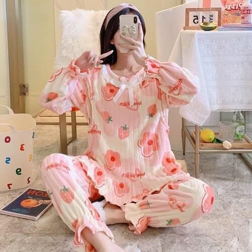 Autumn Winter Pregnant Pajamas Set Flannel Thick Nursing Pyjama Homewear Long Sleeve Coral Fleece Women Breastfeeding Clothes