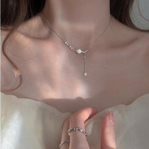925 Sterling Silver Eight Star Necklace for Women Light Luxury Clavicle Chain Pearl Necklace Jewelry Gifts S-N748