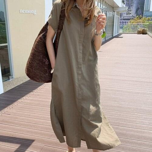 2021High-end Linen Women Lapel Short Sleeve Shirt Dress Split Dresses Elegant Solid Work Office Vestidos Female Tunic Robe