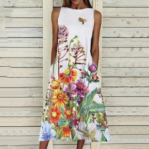 Summer Dress Women Floral Print A-Line Long Dresses Round Neck Sleeveless Long Dress For Woman Loose Pocket Vestidos Femme Robes