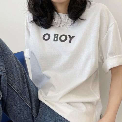 Summer women casual solid color letter decoration round neck short sleeve loose T-shirt
