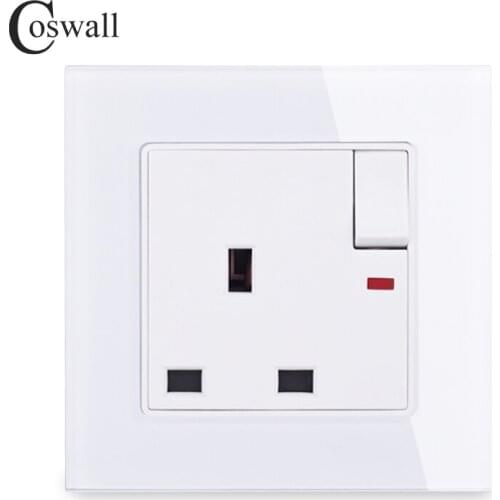 COSWALL Glass Panel 13A UK Standard Switched Wall Socket With Neon Grounded With Children Protective Door Black White Grey Gold