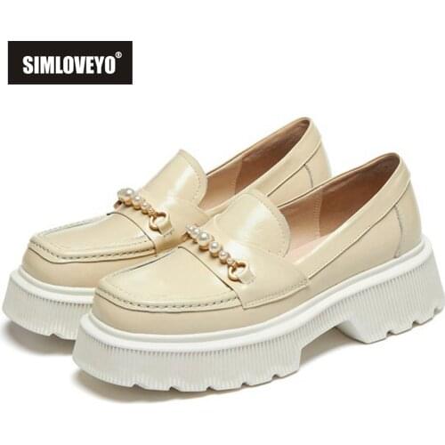 REAVE CAT 2021 Slip On Platforms Pearl Women Shoes Genuine Leather Spring Autumn Ladies Pumps Square Toe 5.5cm High Heel Shoes