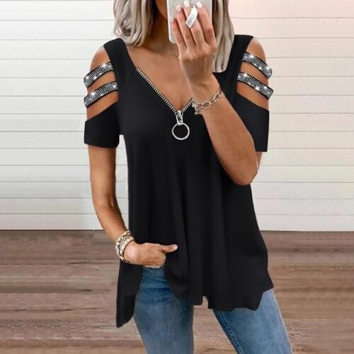 2021 Womens Summer Fashion Studded Cold Shoulder Cutout Sleeve Zip Front Top Casual Short Sleeve t-shirt