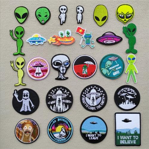 26 Styles) UFO Iron on Patches for Clothing Sticker Stripes Appliques on Clothes Alien Spaceship Embroidery Badges for Backpack