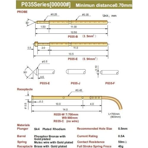 FREE SHIPPING 100PCS/LOT P035-E 13.50mm Two Part Spring Test Probes For PCB, Pogo Pin