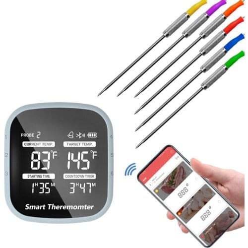Cooking Bluetooth Wireless Meat BBQ Thermometer With 6 Probes Alarm Timer Free APP for -iOS & -Android Smart Phone