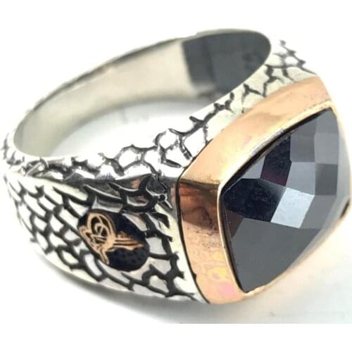LARGE MIDDLE RECTANGULAR BLACK STONE CHIC STONE SIDES BRICK PATTERNED ORNAMENTAL CHARISMATIC RING 925 SILVER Muslim Ring