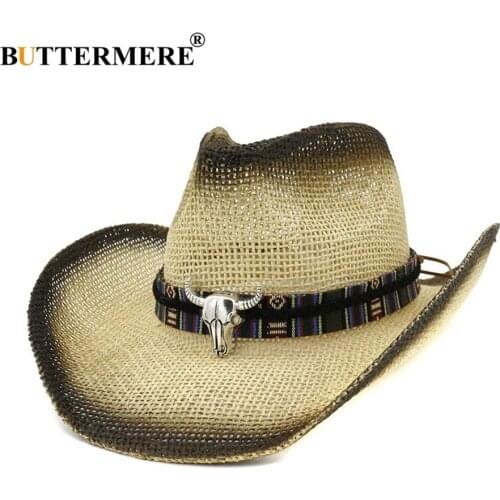 BUTTERMERE Men Sun Hat Cowboy Vintage Bull Head Summer Hats Women Breathable Beige Bowknot British Straw Panama Hats And Caps