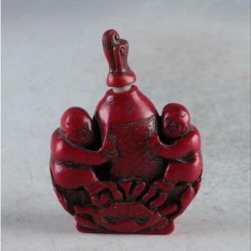 Exquisite Chinese Red Coral Hand Carved Fish & Characters Snuff Bottle