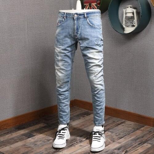 Korean Style Fashion Men Jeans Retro Light Blue Elastic Cotton Ripped Jeans For Men Streetwear Vintage Designer Slim Denim Pants